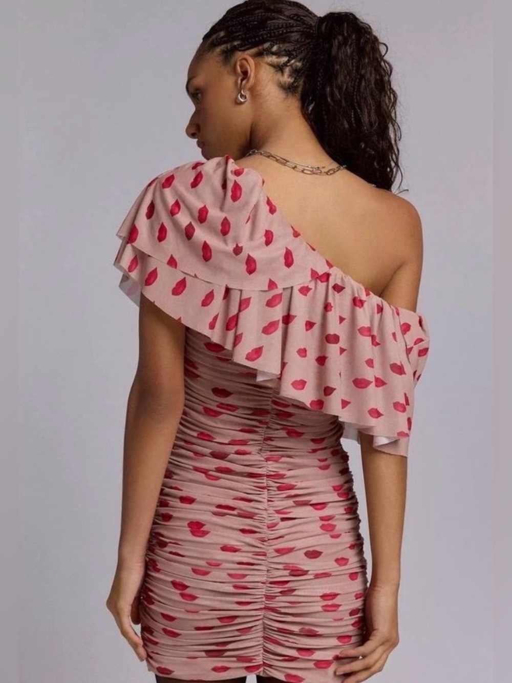 AFRM Vivian ruched mini dress w cute red lips pattern - Picture 3 of 10